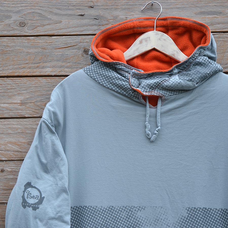 Close up Men's large reversible hoody in orange/grey