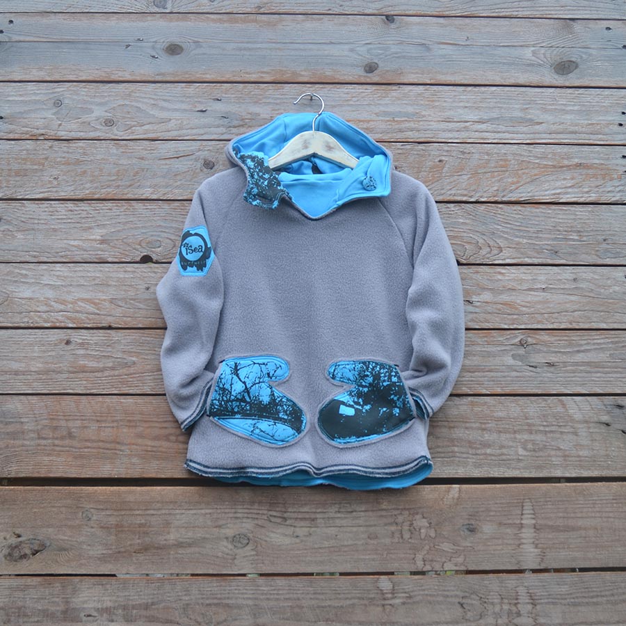 Fleece front Kid's reversible hoody in light grey/turquoise