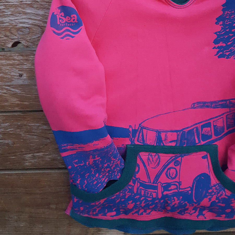 Kid's reversible hoody in teal/cerise - Close up Kid's reversible hoody in teal/cerise - close up